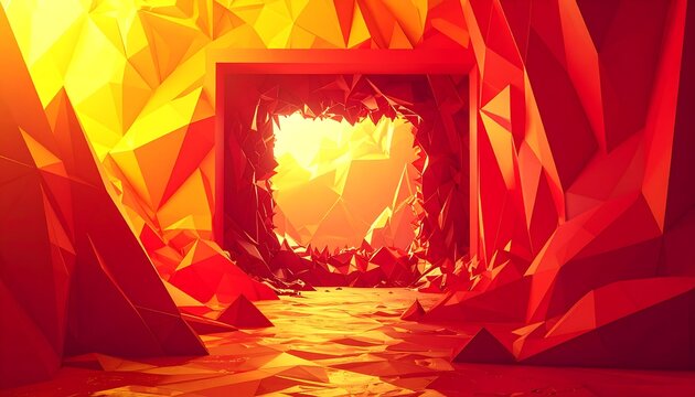 Geometric crystal cave with glowing entrance, red and yellow facets casting light