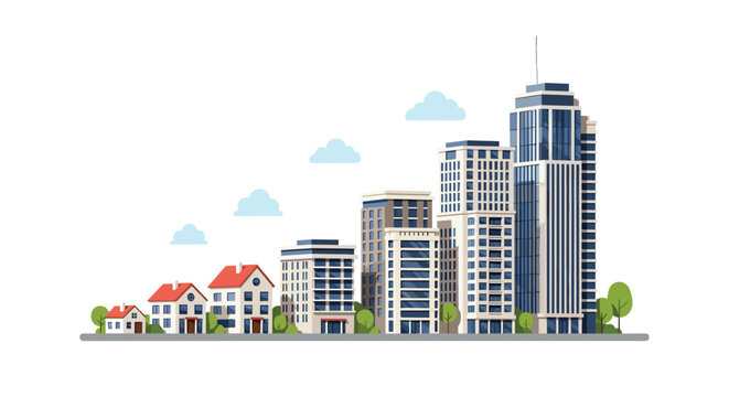 City skyline shows a progression from small residential houses to large office skyscrapers for urban development growth.