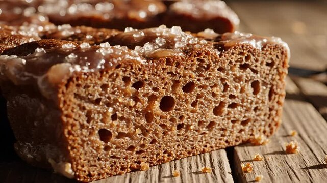 Closeup of a delicious slice of homemade gingerbread cake on a rustic wooden table.