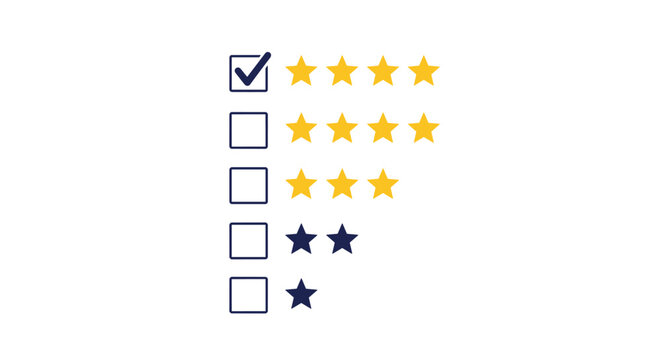 Customer rating form with five stars shows the top option selected with a checkmark for high satisfaction and feedback.