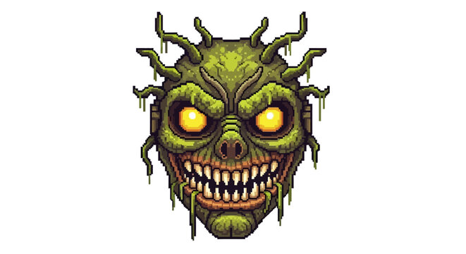 Horrifying Green Monster Face with Glowing Eyes and Sharp Teeth.