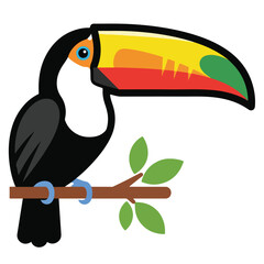 Fototapeta premium A cartoon toucan with colorful beak perches on branch
