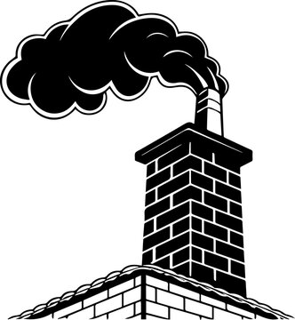Black and White Vector Illustration of a Brick Chimney on a Roof with Thick Smoke Blowing Out