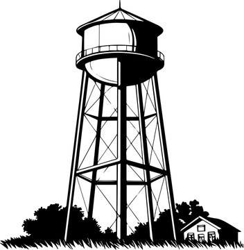 Minimalist Black and White Vector Illustration of a Classic Water Tower in a Rural Landscape with House and Trees