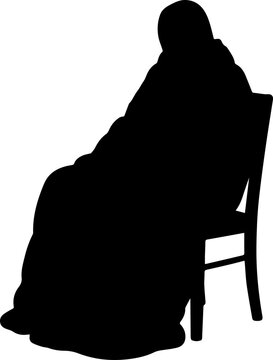 Silhouette of a Person Sitting on a Wooden Chair Wrapped in a Blanket, Minimalist Vector Illustration on White Background