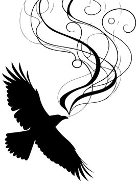 Stylized Black Crow Silhouette with Mystical Smoke and Swirls Vector Illustration