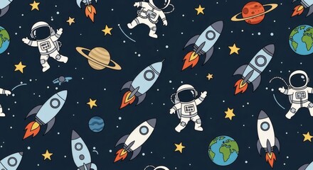 Naklejka premium Pattern of Astronauts and Rockets