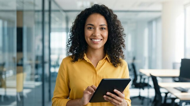 Smiling Latin young professional businesswoman, corporate marketing manager holding digital tablet, standing in modern office, confident pose, fintech concept