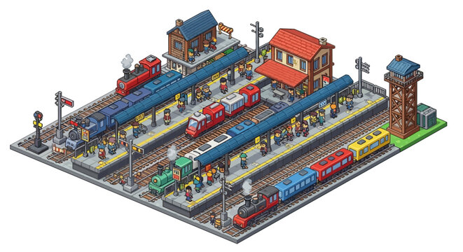 Isometric Train Station with Multiple Platforms and Trains.
