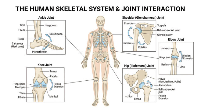 Human Skeletal System and Major Joint Anatomy Diagram