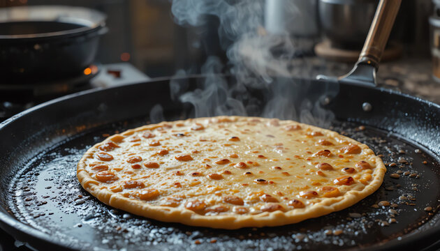 Homemade paratha being cooked on tawa with oil sizzling authentic kitchen view