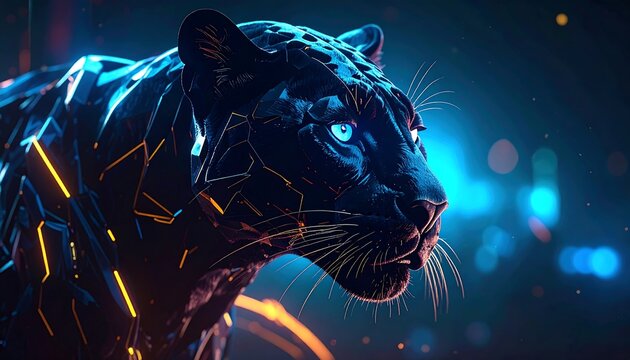 Cybernetic black panther with glowing blue eyes and orange geometric patterns against a blurred cityscape background