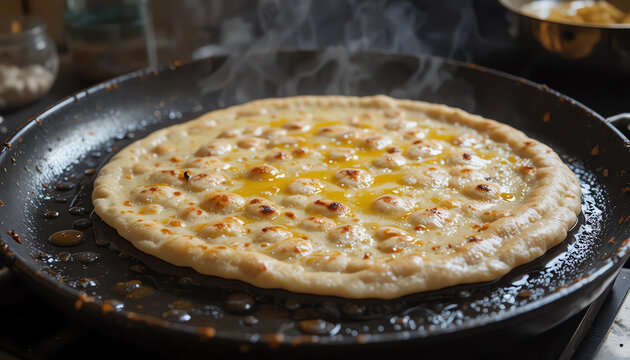 Homemade paratha being cooked on tawa with oil sizzling authentic kitchen view