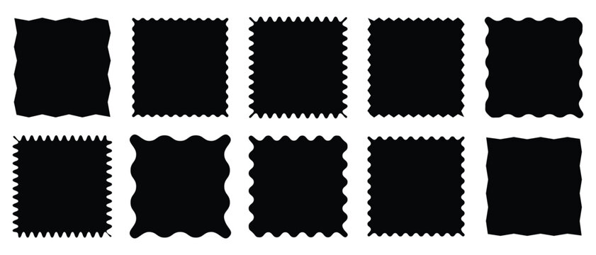 Rectangular zigzag curved box. Postage stamps set.  zigzag, sticker, edge, price, shape, stamp, frame, wave, wavy, border, tags, label, badge, rectangle, Geometric shapes with scallop and zigzag edges