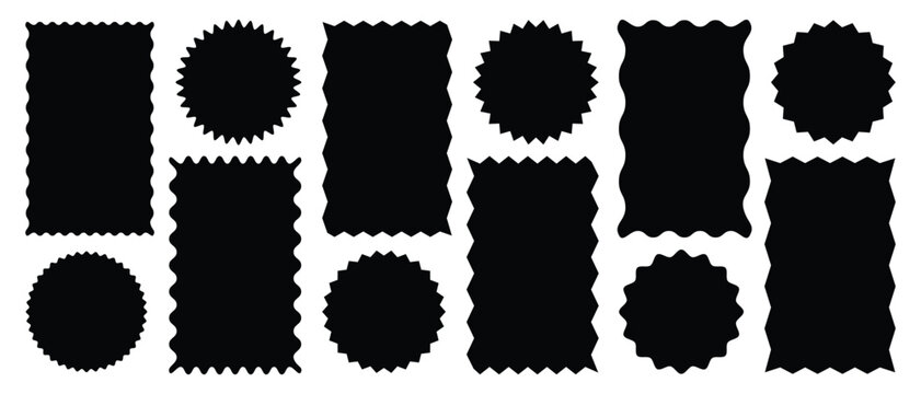 Geometric shapes with zigzag edges set. Wavy circular, oval and rectangular shape elements set, Abstract Elements for Frame, Stamp, Template, Promo Design, Set of jagged ellipses elements. 