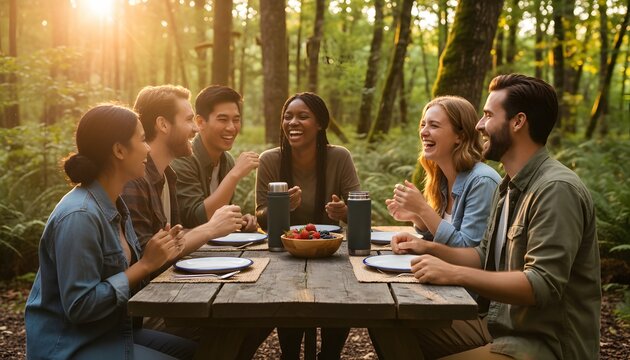 Group of diverse young friends as happy campers laughing and sharing a healthy meal at a forest picnic table for a summer camp bonding concept during golden hour sunset