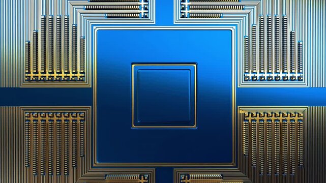 データ処理コンセプト向けの金と青のマイクロチップコアの俯瞰図