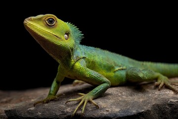 Fototapeta premium Close-up profile of a vibrant green lizard perched on a textured rock, detailed reptilian scales against a solid black background.