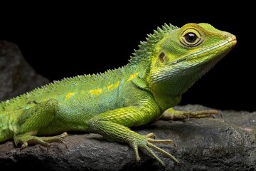 Naklejka premium Green crested lizard resting on a dark rock, detailed close-up of a vibrant reptile against a black background.