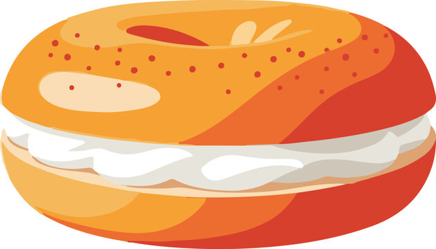 Illustration of a toasted bagel with cream cheese spread on a plate