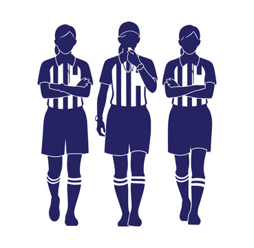 Three female referees in striped shirts standing in different poses on white background