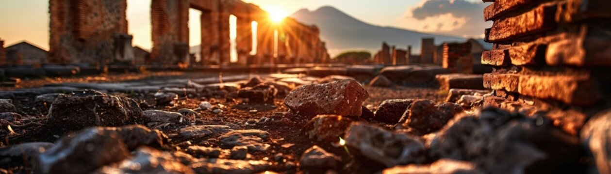 Ancient Pompeii ruins with Mount Vesuvius