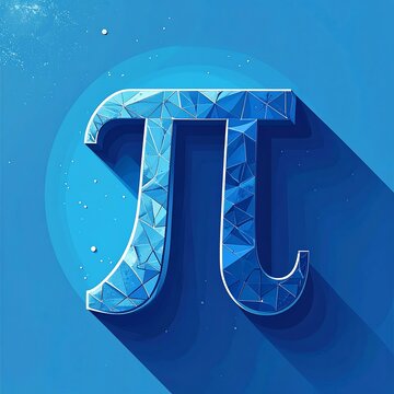 Artistic rendering of the mathematical constant Pi, filled with facets on blue background