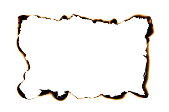 Burnt paper frame with dark charred edges and irregular torn shape