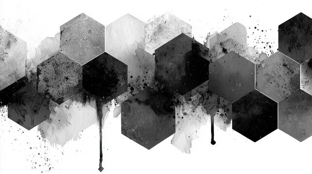 モノトーンの水彩滲みがスタイリッシュな六角形の幾何学背景
