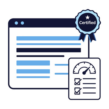 Vector graphic of a certified document with a checklist and a speedometer