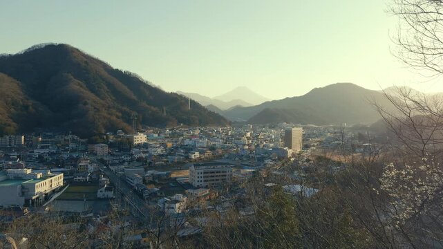 Japanese town Otsuki with peaceful setting and mountain horizon