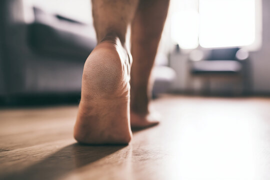 A person stands barefoot on a wooden floor with dry skin on their heel