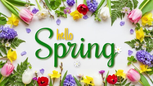 Hello Spring Floral Background with Welcome Greeting and Blooming Flowers 4K
