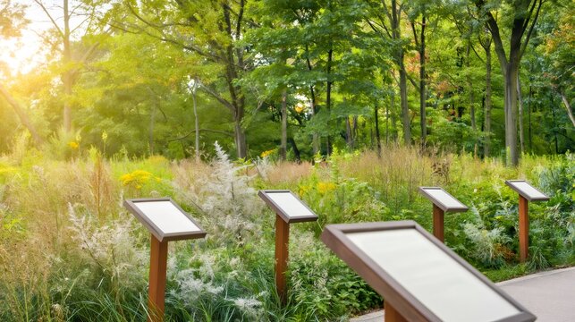 Information signs in lush botanical garden environment