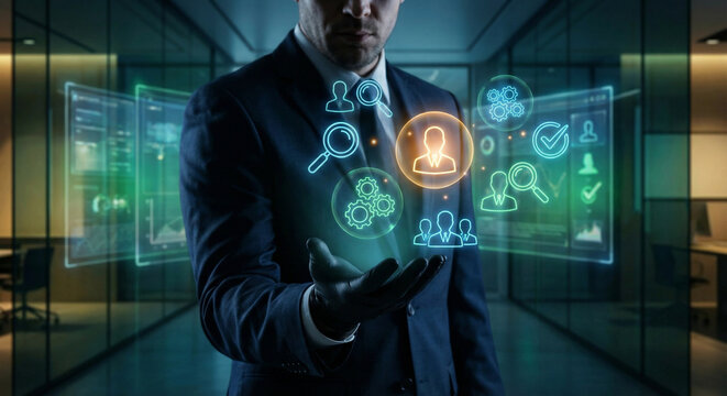 Businessman Holding Digital HR Analytics Interface