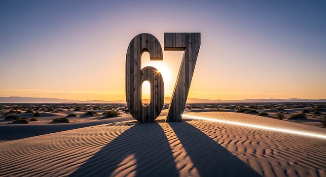 Large wooden number sixty seven standing alone in a desert landscape at sunset