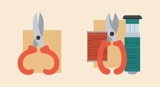 Flat vector illustration of crafting tools including red-handled snips, a spool of red thread, and green cord against a tan background.