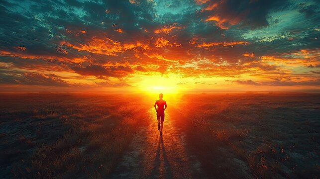person running towards sunset on desert road