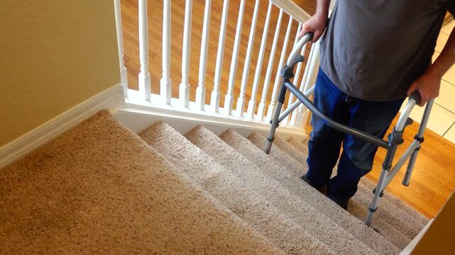 Man in a walker climbs stairs with relentless determination showing strength and resilience every step of the way