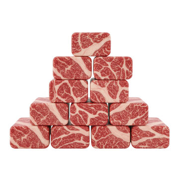 A neatly arranged stack of raw beef steaks ready for cooking isolated on transparent background