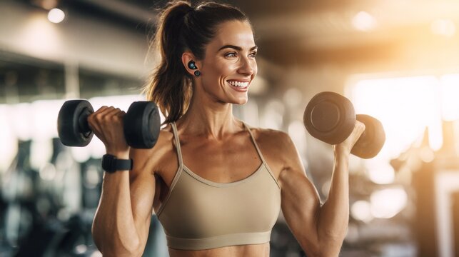 Gym fitness workout training dumbbell bicep exercise woman muscle indoor equipment lifestyle active strength confidence wellness athlete focus health routine modern energy