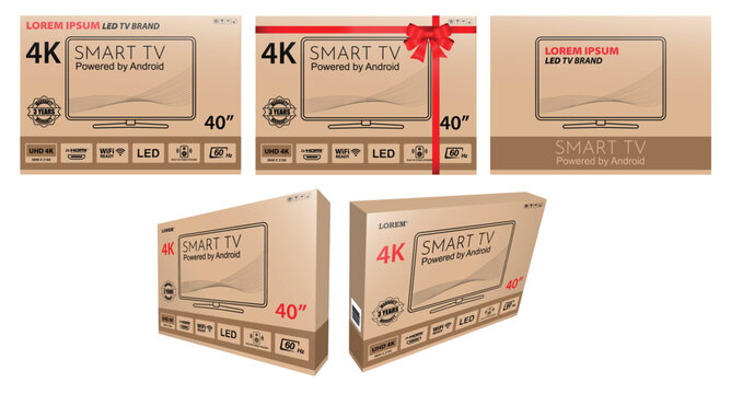 Smart TV Packaging Box Mockup Template with 4K Display Design. Set of Realistic smart TV packaging box mockups and flat label templates featuring 4K display design, isolated on white background.