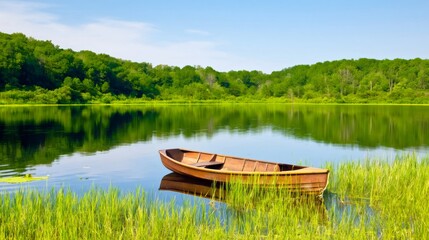 Obraz premium Wooden rowboat floating on peaceful summer lake