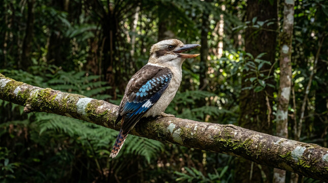 A full-body photograph of a Kookaburra perched prominently on a thick, moss-covered eucalyptus branch. Its wings are slightly tucked, revealing the subtle patches of iridescent blue on the wing covert