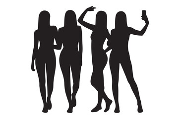 Fototapeta premium Four friends posing for a selfie in silhouette against a white background