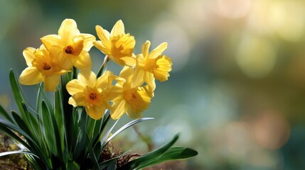 Fototapeta premium Bright Yellow Daffodils in Bloom on a Soft Blurred Background