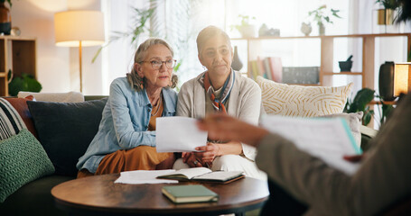 Lesbian couple, financial advisor and paperwork for agreement, deal and home mortgage planning. Mature women, LGBTQ people and meeting for negotiation, loan agent and notebook for budget documents