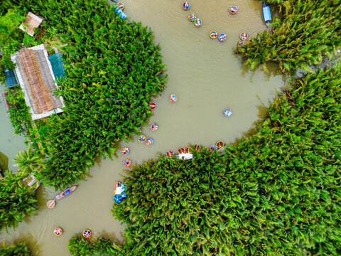 Aerial view of traditional basket boats navigating through a lush nipa palm forest on a river with people and a thatched roof hut in Hoi An, Vietnam.