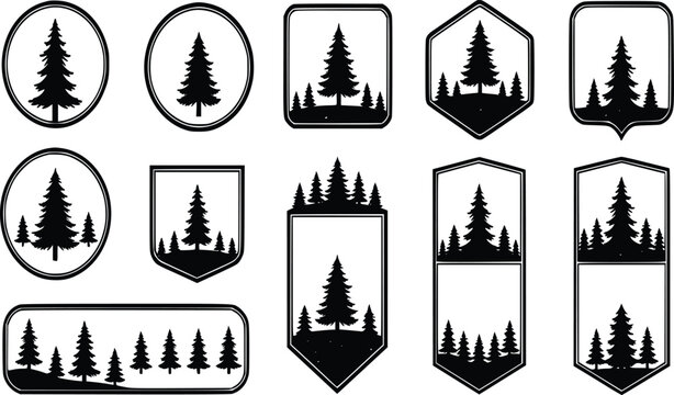 Minimal Christmas pine tree emblem vector set monochrome forest badges for winter apparel on white
