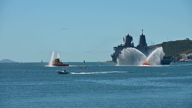 April 11 2026, USS Murtha LPD 26 returns to San Diego with Artemis II mission capsule.